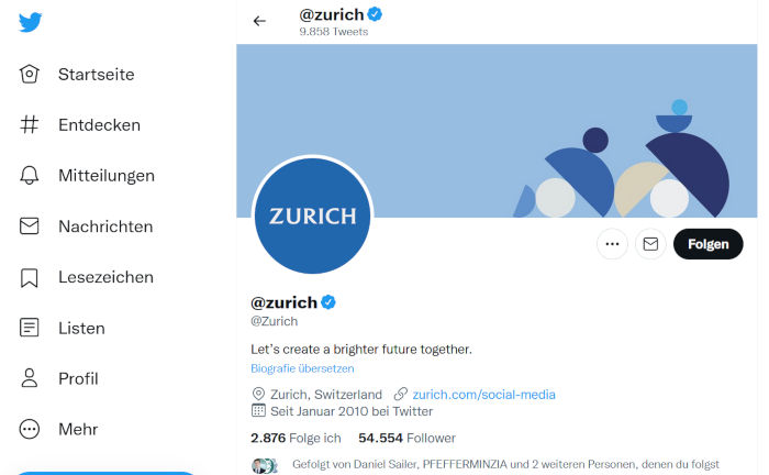 Twitter-Auftritt der Zurich mit neuem Logo
