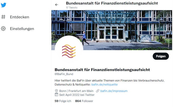 Der neue Kanal der Bafin auf Twitter