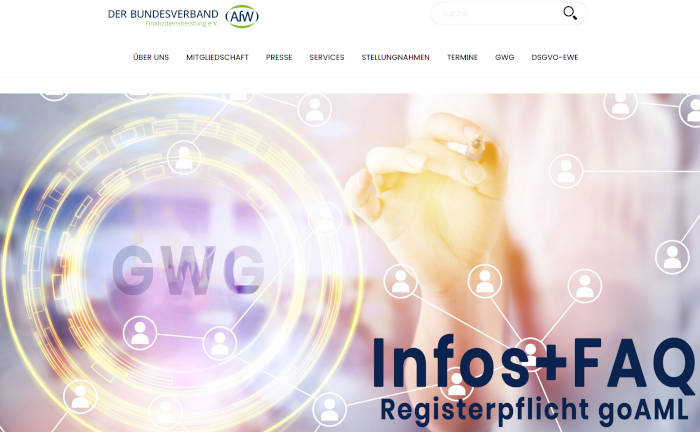 Info-Portal des AfW zur Anmeldung auf „goAML“