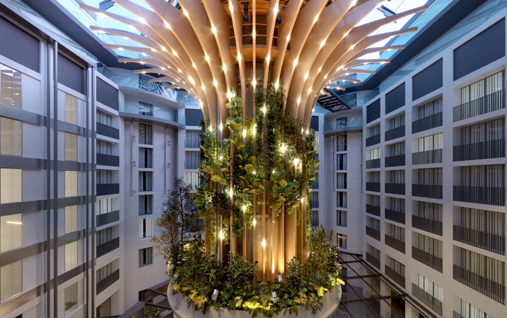 Lobbykonzept „Living Tree“ für das Radisson Collection in Berlin mit gedämmtem Licht