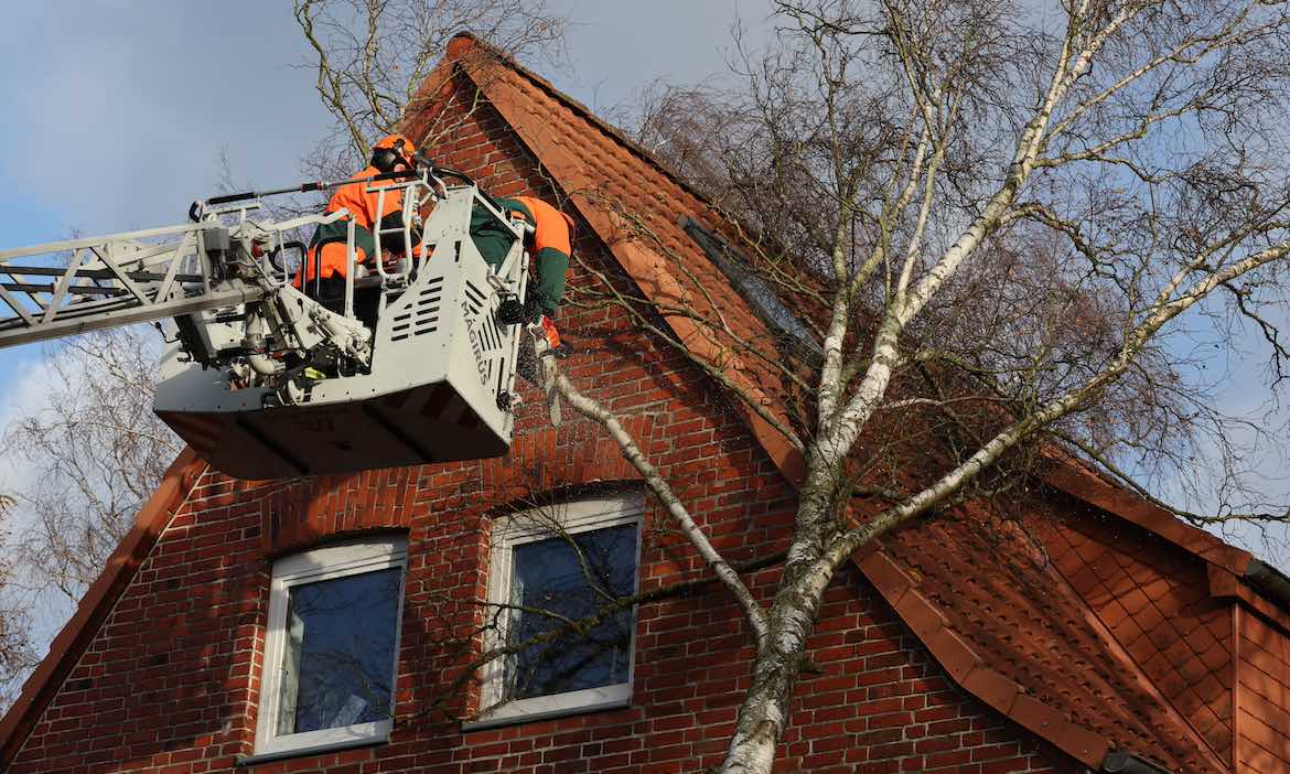 Feuerwehrleute entfernen einen Baum, der bei einem Sturm auf ein Haus gestürzt ist: Der Klimawandel stellt die Gebäudeversicherer vor große Probleme.