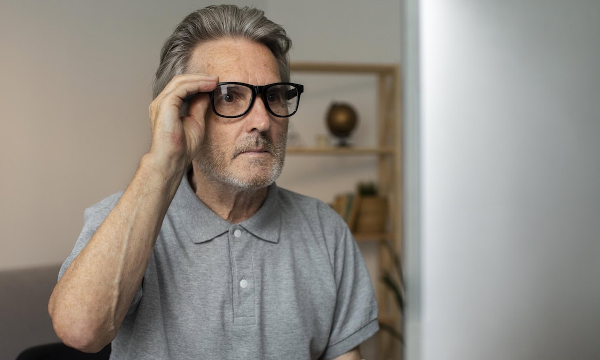 Älterer Mann sitzt erstaunt am PC: Ein Rentner ist in einem KI-Betrugsfall ein fünfstelliger Schaden entstanden.