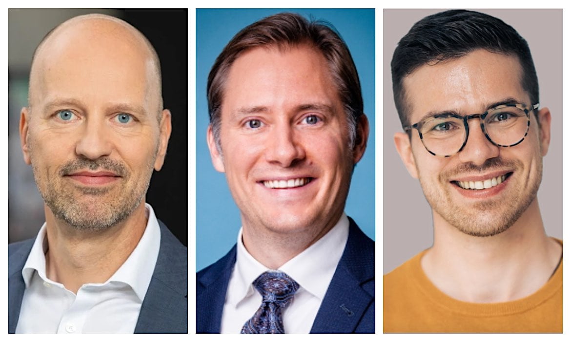 Sprachen im Podcast mit uns über KI (v.l.): Joachim Zech, die Bayerische, Milan Jarosch, DMB Rechtsschutz, und Leon Kersten, AMC.