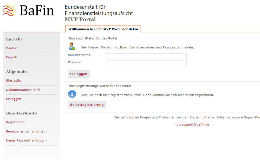 Meldeportal der Bafin mit der Abkürzung MVP