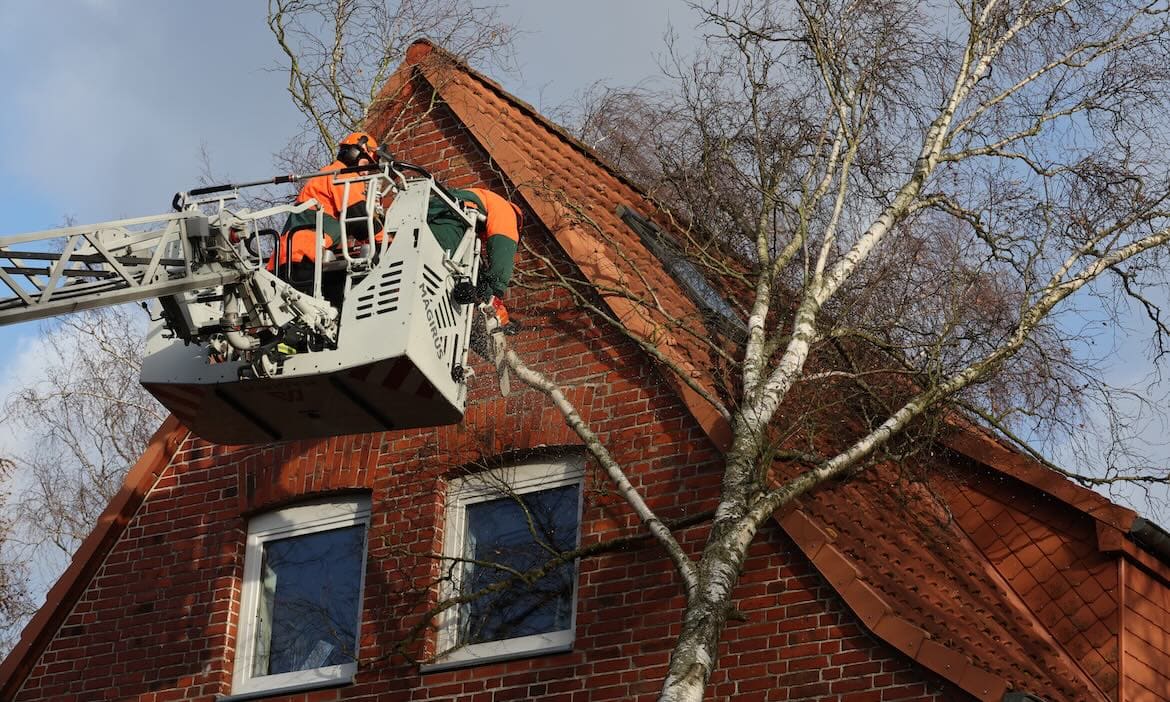 Feuerwehrleute in Rostock entfernen einen Baum, der auf ein Haus gestürzt ist: In ihrer neuen Wohngebäudeversicherung übernimmt die Gothaer nun Sturmschäden bereits ab Windstärke 7.