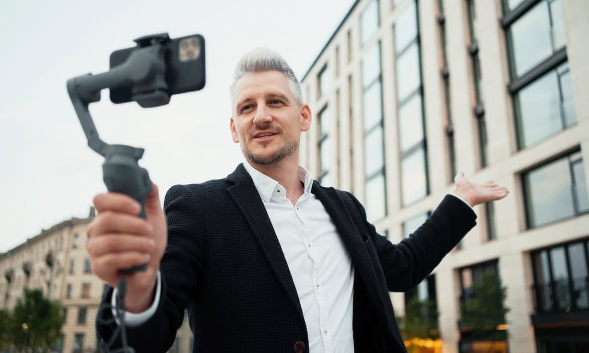 Selfie mit Smartphone vor modernen Bürogebäuden, Beruf, Arbeit, Business, Präsentation.